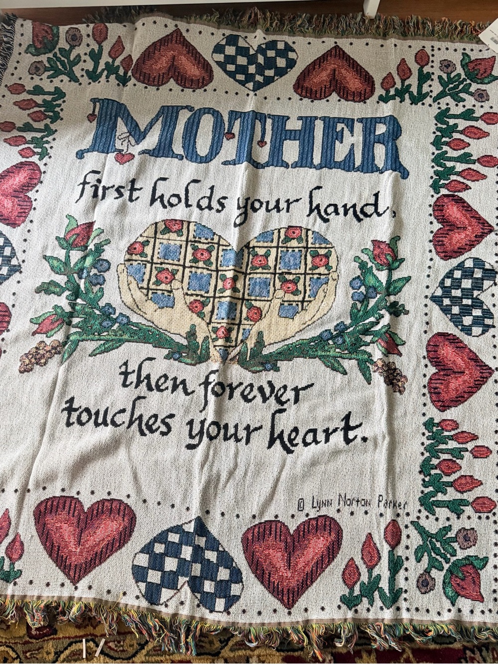 Vintage MOTHER Multicolor Floral Heart Woven Throw with Fringe